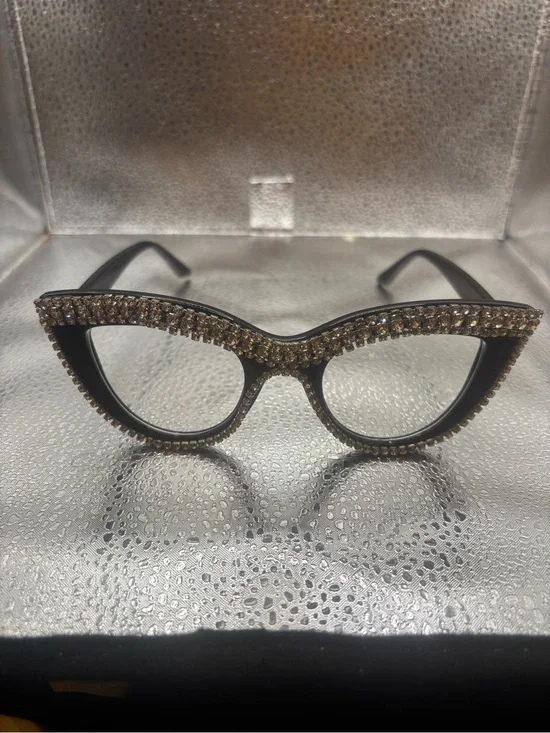 Black Cat-Eye Reading Glasses with Gold Crystal Accents