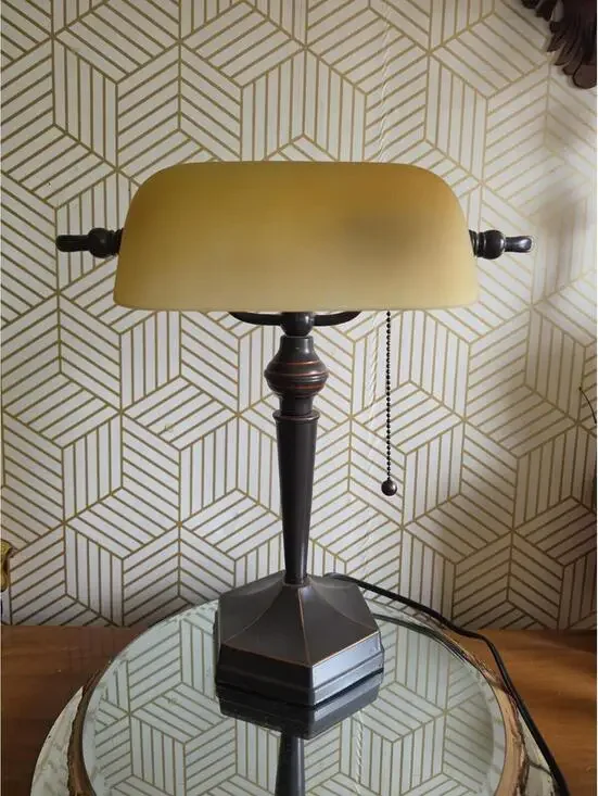 Traditional Bankers Lamp Bronze Hexagonal Base Amber Glass Shade