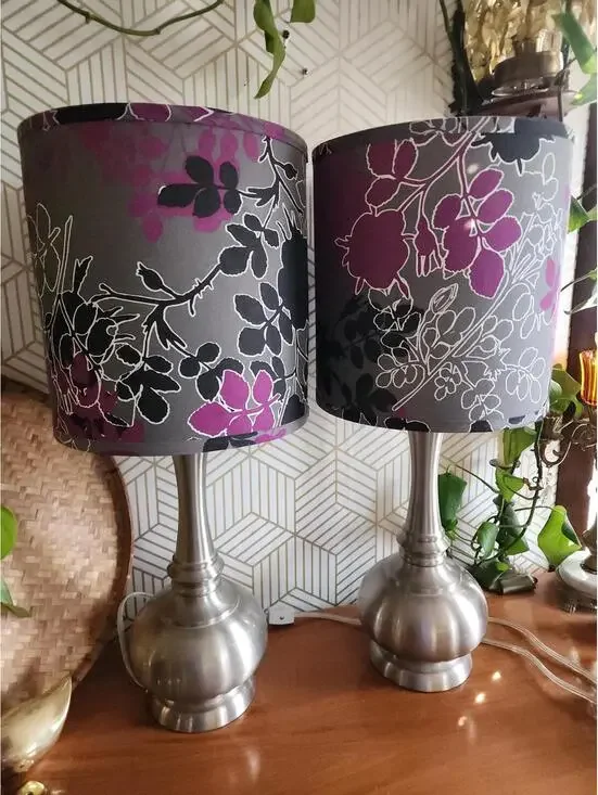 Vintage Early 2000s Brushed Chrome Lamps With Black And Purple Floral Shades