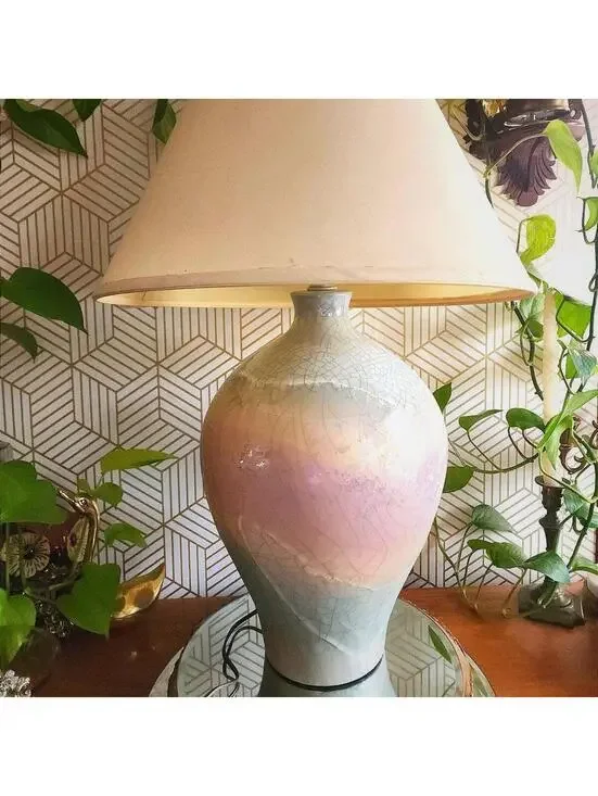 1980s Raku Glazed Ceramic Rainbow 3 way Table Lamp Made by Sunset Lamp Company