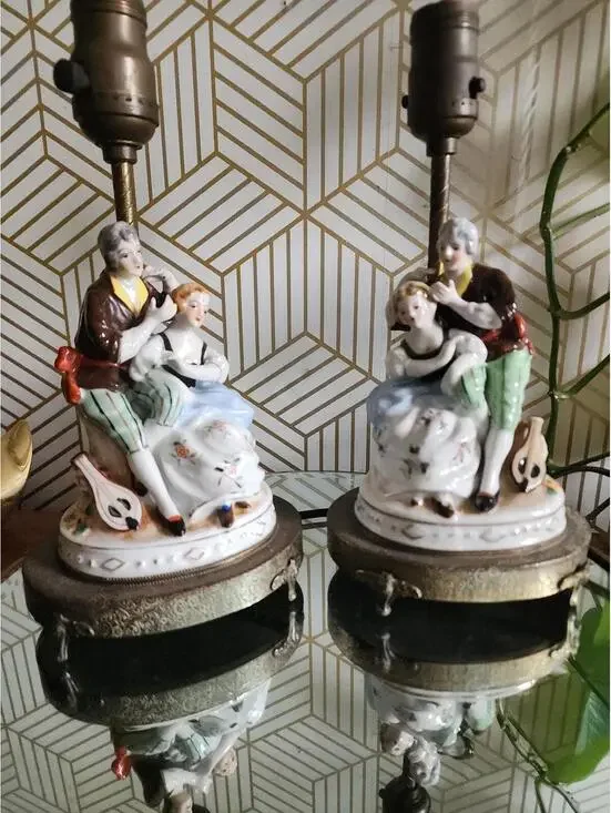 Vintage 1940s Pair of Porcelain Colonial Figural Lamps on Ornate Brass Bases