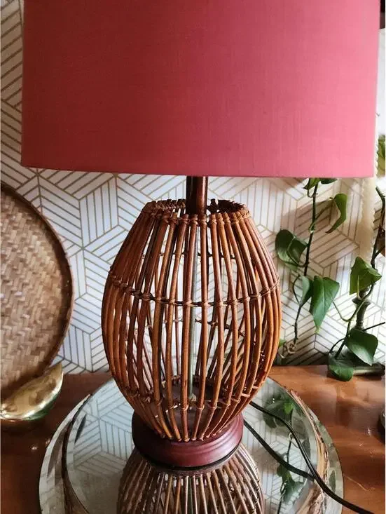 Vintage Boho Bamboo Rattan Wicker Table Lamp PAIR