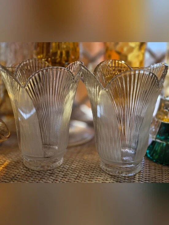 2 Vtg Art Deco Glass Lamp Shades Light Tulip Scalloped Frost & Clear Glass