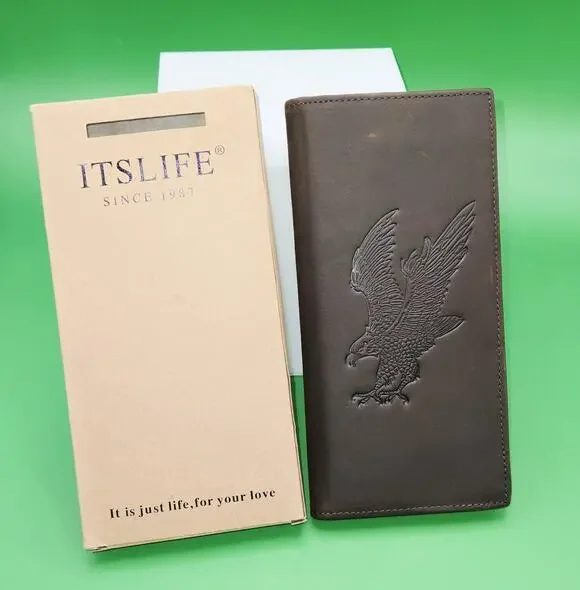 Vintage Brown Leather Long Wallet with Eagle Embossed Design RFID Bifold