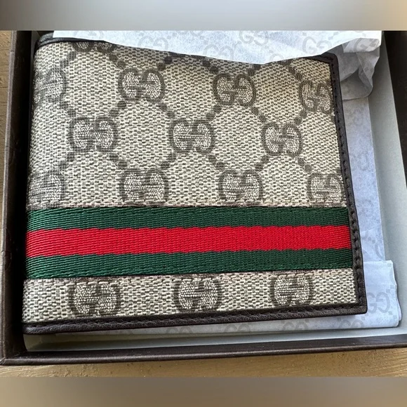 Gucci GG Supreme Canvas Bifold Wallet with Green and Red Web Stripe