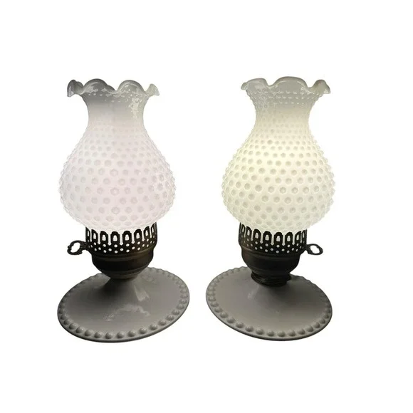 Hobnail Milk Glass Hurricane Lamps Vintage Fenton Style Working Set Pair of 2