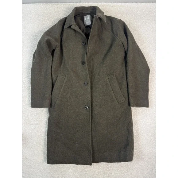 GAP Coat Mens Small‎ Olive Green Wool Blend Button Front Classic Overcoat Jacket