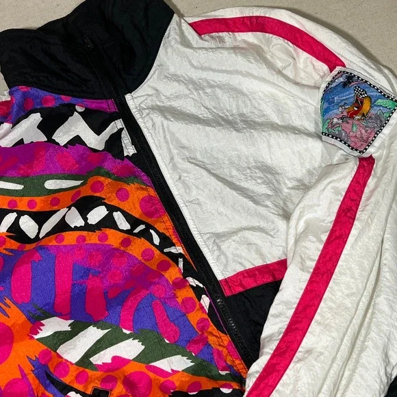 Vintage 90s Hotdogger Color Block Nylon Track Jacket Retro Cartoon‎ Patch M