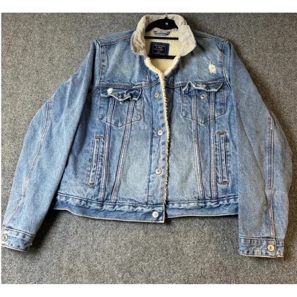 Abercrombie & Fitch‎ Denim Trucker Jacket Sherpa Lined Distressed Boho Casual XL