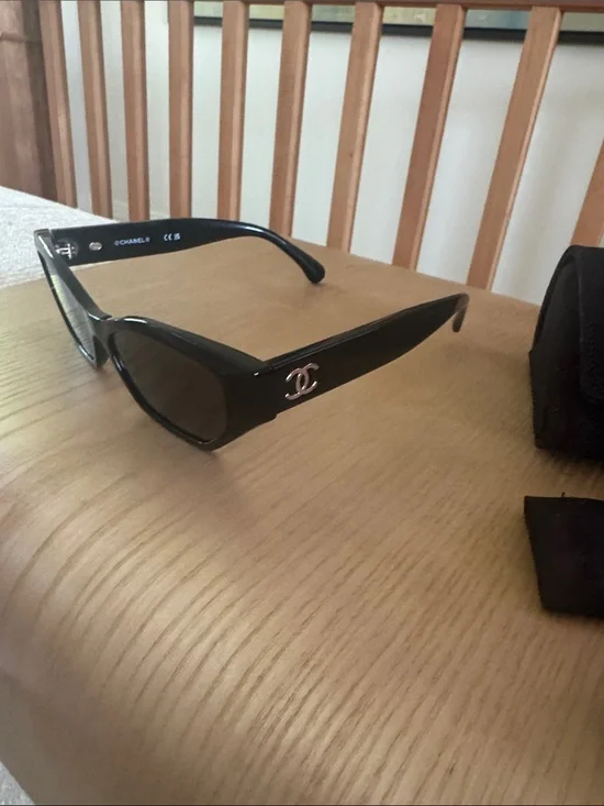 CHANEL Black Rectangular Sunglasses with Silver CC Logo