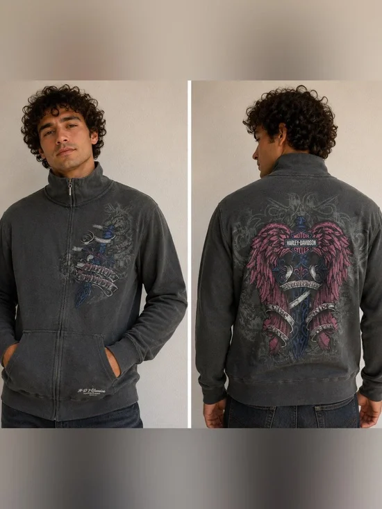Harley-Davidson Black Zip-Up Jacket with Pink Wing Graphic