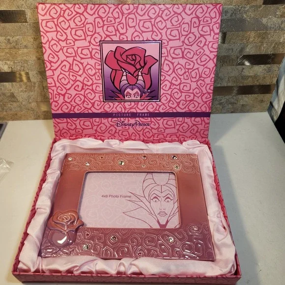 Disney Parks Maleficent 4x6 Ceramic Picture Frame Rhinestone Rose Pink Boxed