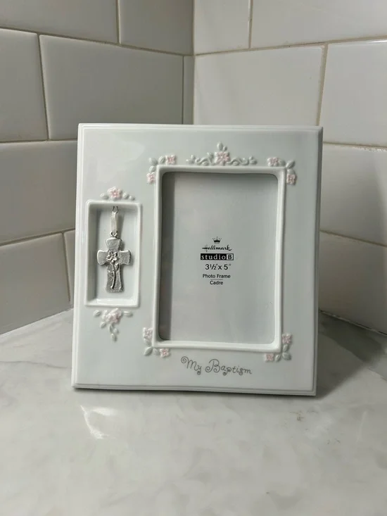 Vintage Hallmark Studio B My Baptism Ceramic Photo Frame with Cross
