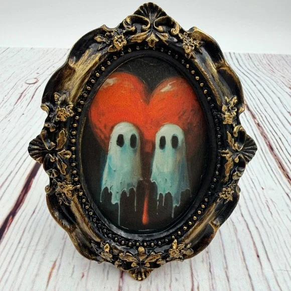 Mini Ghost Heart Art Print Decoupage Gold Black Gothic Frame 4.25