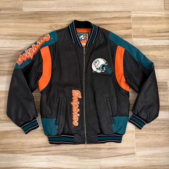 Vintage G-III Carl Banks Miami‎ Dolphins Leather Varsity Jacket Mens L Black NFL