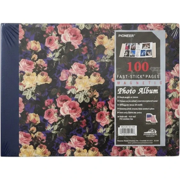 Vintage Pioneer Photo Album 100 Fast-Stick Pages Floral Rose Navy Blue LM-100