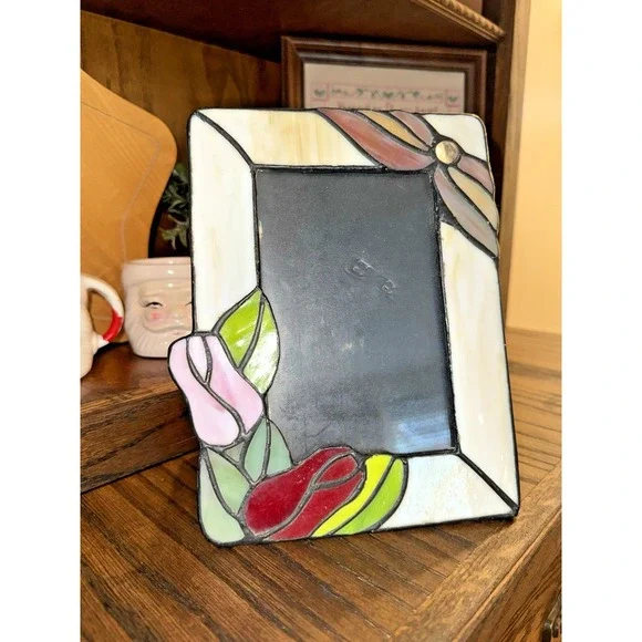 Vintage Colorful Stained Glass Picture Photo Frame W 3D Rose Floral Motif 1990s