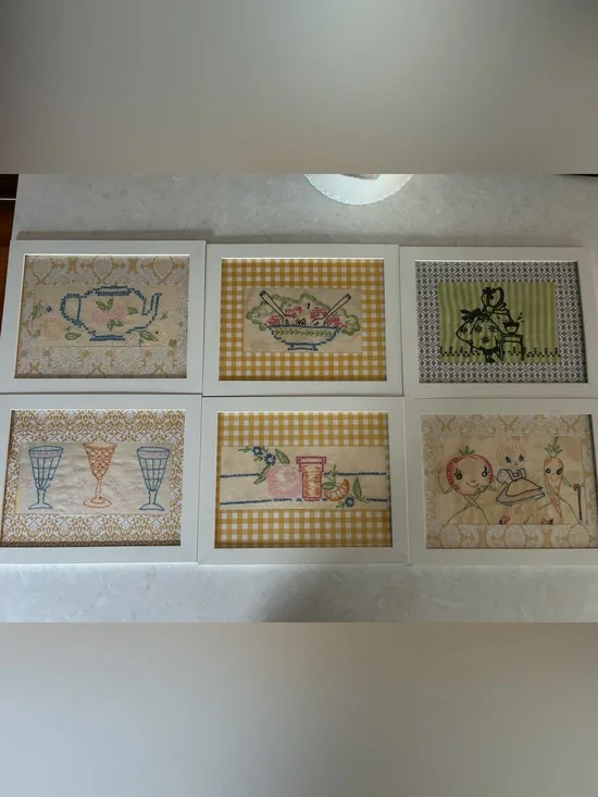6 Vintage needlepoint framed kitchen prints