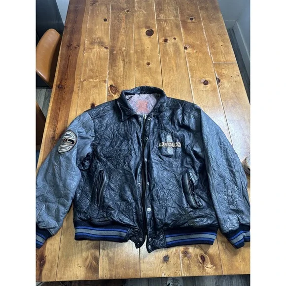 DAVOUCCI Men's 2XL Black Gray Leather Bomber Jacket Embroidered Patches Vintage