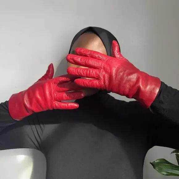 Vintage Portolano Italian Red‎ Leather Cashmere Lined Gloves size 8