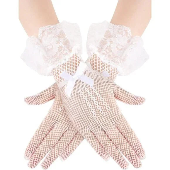 Women's Elegant Cream Short Bow Style Lace Gloves Dinner Wedding Party Prom