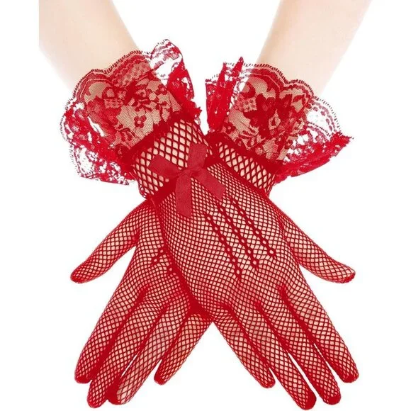 Women's Elegant Wine Red Short Bow Style Lace Gloves Dinner Wedding Party Prom