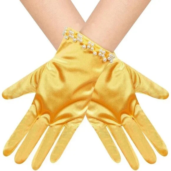 Women's Orange Satin Pearl Short Length Wrist Gloves Wedding Banquet Party Prom