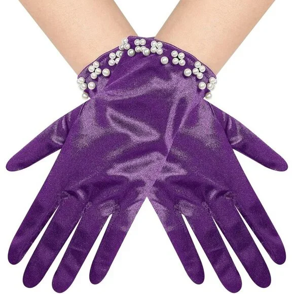 Women's Purple Satin Pearl Short Length Wrist Gloves Wedding Banquet Party Prom