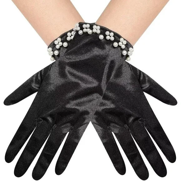 Women's Black Satin Pearl Short Length Wrist Gloves Wedding Banquet Party Prom