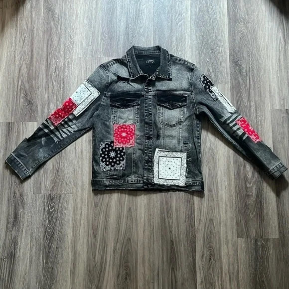 Giftd Tour Black and Red Jean Jacket Bandana Handmade Distressed Denim Large