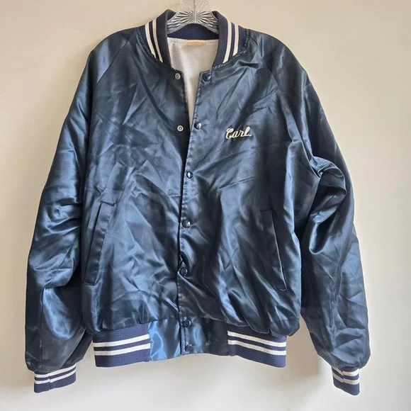 Auburn Sportswear Large Bomber Jacket Mens Navy Blue Fair‎ Vintage Braves Carl