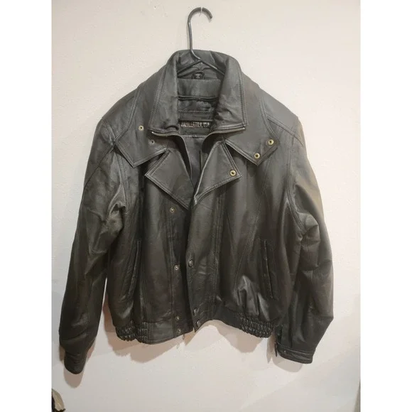 Papaleather USA black leather motorcycle flight JACKET full Zip‎ Black size L