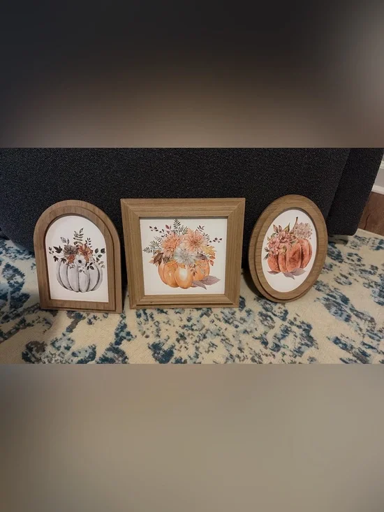 Autumn Pumpkin Floral Wood Frame Wall Art - Orange