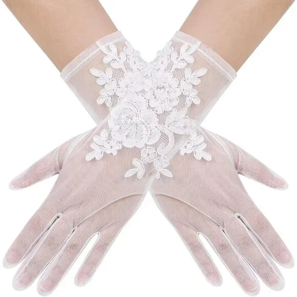 Women's Lvory 02 Short Floral Lace Gloves Sheer Mesh Bridal Wedding Party Prom