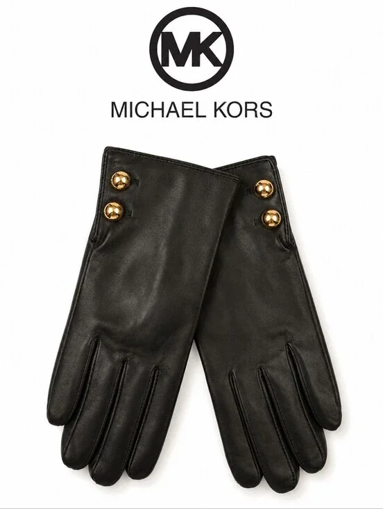 Michael Kors Collection (Retail) Genuine Black Leather Gloves Gold Button Detail