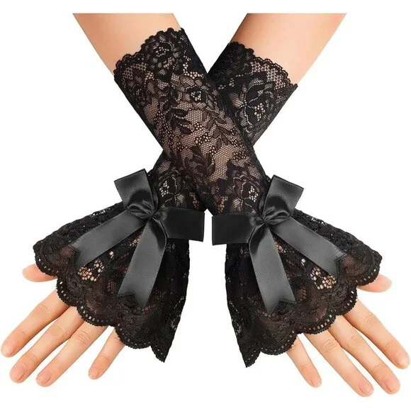 Women's Fingerless Black Bow Lace Gloves Elbow Sleeve Costume Party Prom