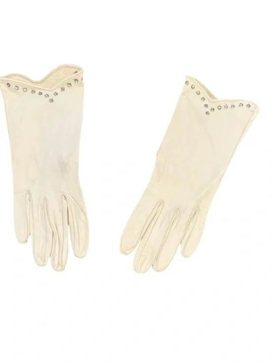 Vintage Cream Leather Gloves with Stud Detail Sz S