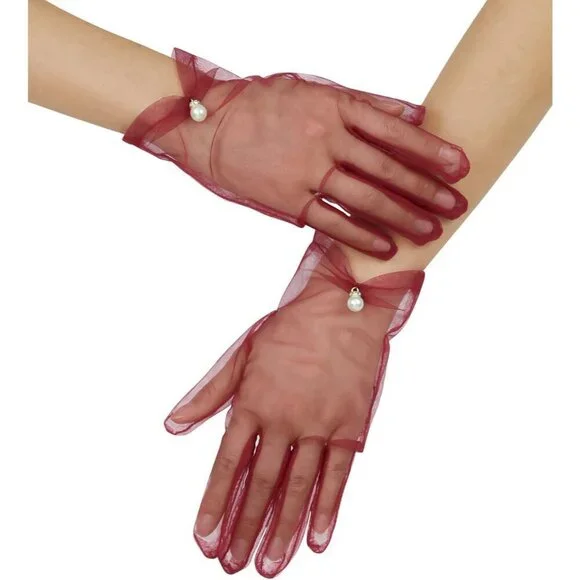 Women's Burgundy Evening Pearl Short Gloves Wedding Dance Party Tea Accessories