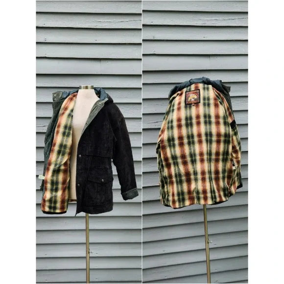Adventure Bound Wilsons Leather Field Jacket Black Suede Plaid Hooded Mens S