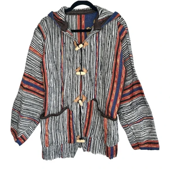 Boho Baja Hoodie Mexican Blanket Toggle Jacket Medium Indie Festival Surf Stripe
