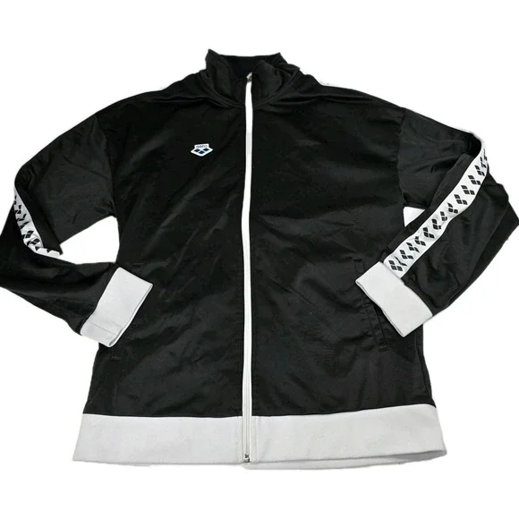 Arena Track Jacket Mens Medium Black‎ White Team Oversize Full Zip Retro Logo