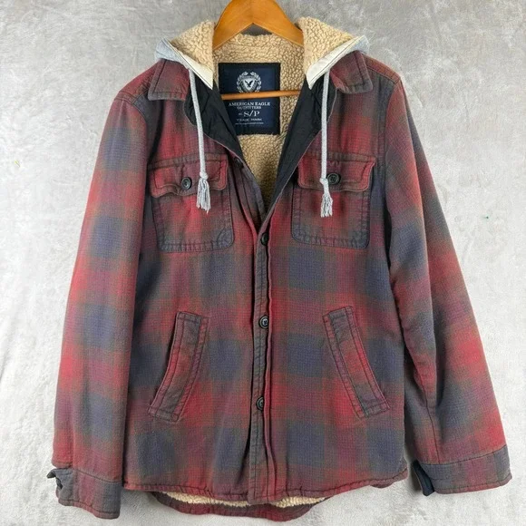 American Eagle Mens Red Plaid Sherpa Lined Hooded Flannel Shirt Jacket Small S/P