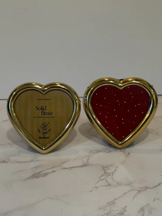 Vintage Pair of Solid Brass Heart Picture Frames Tarnish Resistant 3”x 3”
