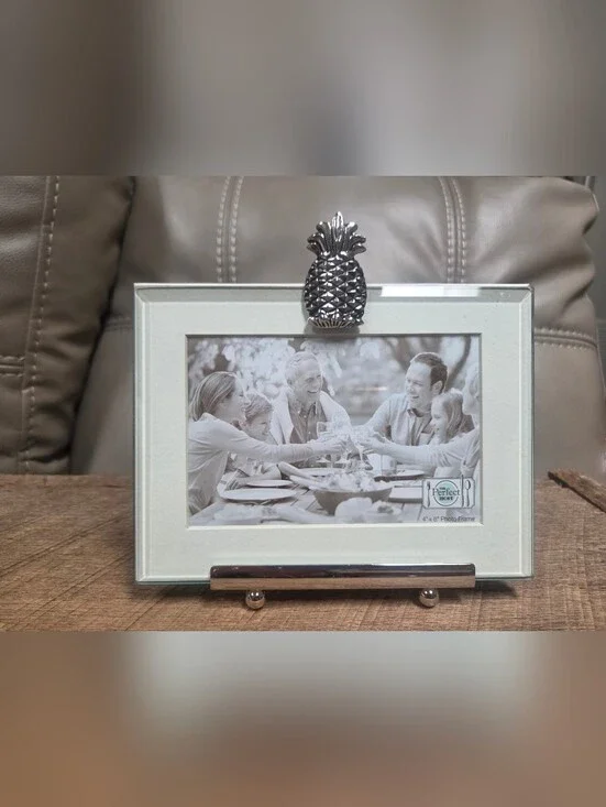The Perfect Host Glass & Silver Photo Frame features a Silver Pineapple ~ Bin Q