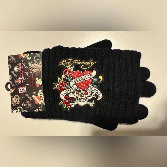Ed Hardy Women's Love Kills Slowly Headband & Glove Set Black One Size NWT