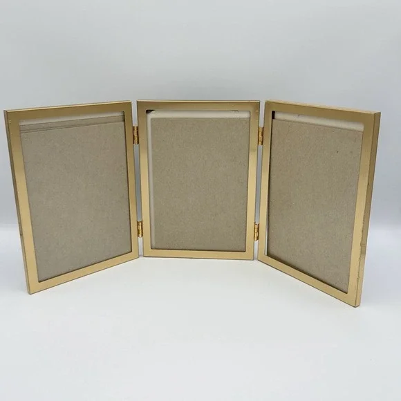 Gold Triple Hinged Picture Frame Hollywood Regency Glam Vanity‎ Desk Decor