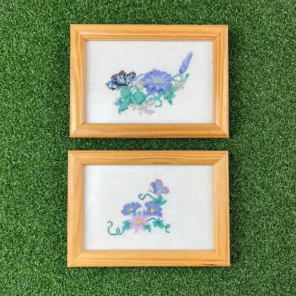 Vintage Lot of 2 Hand Stitched Alicia Floral Butterfly Wooden Frame