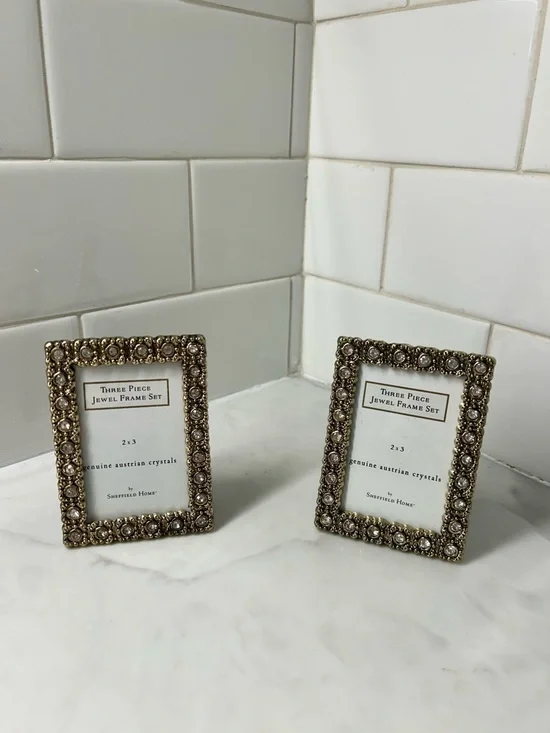 Set of 2 Sheffield Home Jeweled Austrian Crystal 2x3 Picture Frames – Gold Tone