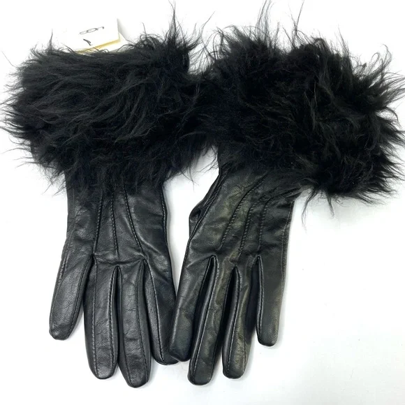 UGG Black Leather Gloves Fur Trim Black NEW Touchscreen Tech Size S