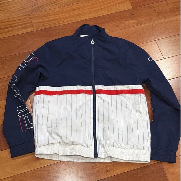 Fila Mens Track Jacket Navy White Red Striped Logo Sleeve Full Zip Athletic Sz L